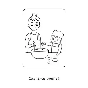Desenho para colorir de filho cozinhando com a mãe no Dia das Mães