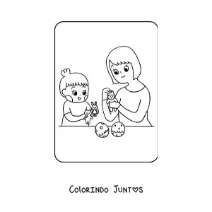 Desenho para colorir de menina kawaii brincando de bonecas com a mãe no Dia das Mães