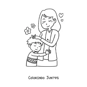 Desenho para colorir de menino kawaii abraçando a mãe no Dia das Mães