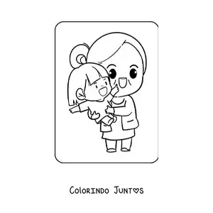 Desenho para colorir de avó kawaii segurando a neta no Dia dos Avós