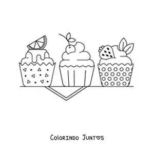 Desenho para colorir de três cupcakes decorados com limão, cereja e morango