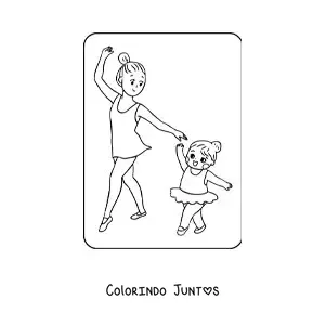 Desenho para colorir de menina kawaii dançando balé com a mãe no Dia das Mães