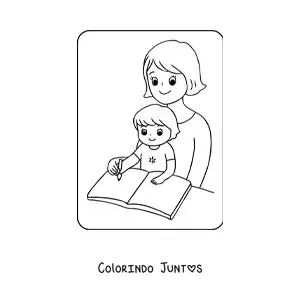 Desenho para colorir de menina kawaii fazendo lição de casa com a mãe no Dia das Mães