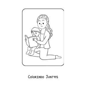 Desenho para colorir de menino kawaii lendo com a mãe no Dia das Mães