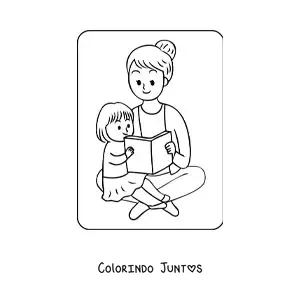 Desenho para colorir de menina kawaii lendo com a mãe no Dia das Mães