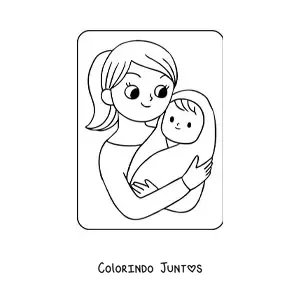 Desenho para colorir de bebê kawaii no colo da mãe no Dia das Mães