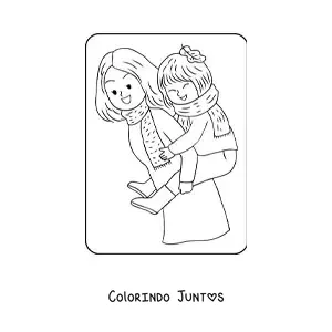 Desenho para colorir de mãe kawaii segurando a filha