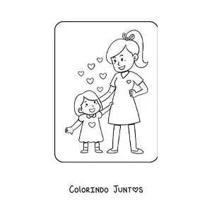 Desenho para colorir de menina kawaii junto à mãe com corações