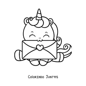 Desenho para colorir de unicórnio kawaii com cartão de Dia dos Namorados