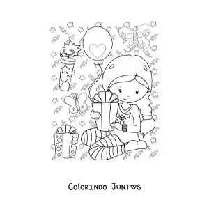 Desenho para colorir de menina com presente de Ano Novo
