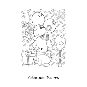 Desenho para colorir de cachorro animado com balões de Ano Novo