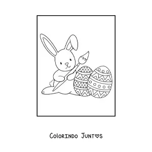 Desenho para colorir de coelho kawaii com ovos de Páscoa e pincel