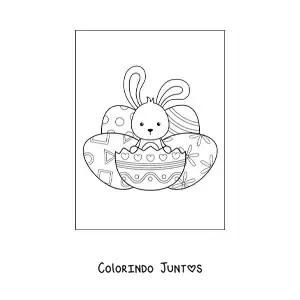 Desenho para colorir de coelho kawaii com ovos de Páscoa