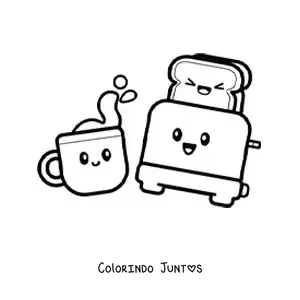 Desenho para colorir de café da manhã kawaii fofo de café e torrada