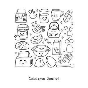 Desenho para colorir de alimentos do café da manhã kawaii fofos