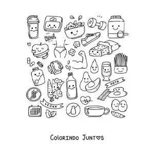Desenho para colorir de alimentos saudáveis kawaii fofos