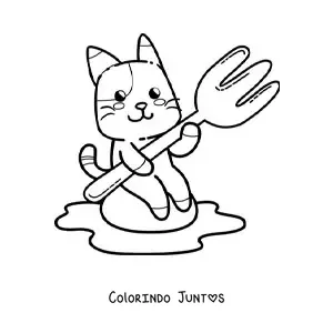 Desenho para colorir de gato animado com um garfo e um ovo frito