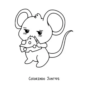 Desenho para colorir de ratinho kawaii fofo animado comendo queijo