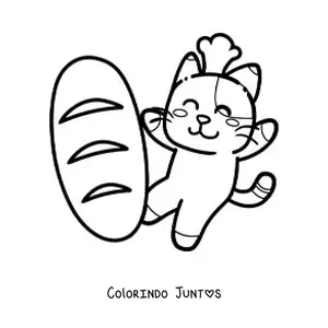 Desenho para colorir de gato kawaii fofo animado com pão de trigo