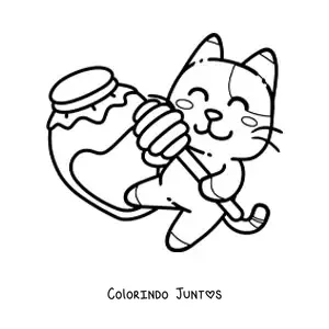 Desenho para colorir de gato animado com pote de mel