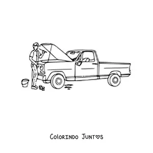 Desenho para colorir de um mecânico consertando uma picape com o capô aberto