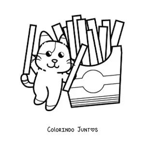 Desenho para colorir de gato animado com batatas fritas
