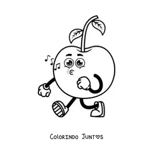 Desenho para colorir de uma cereja animada caminhando e assobiando