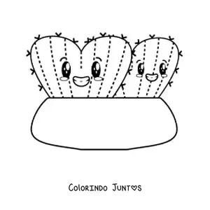 Desenho para colorir de cactos fofos em formato de coração em um vaso