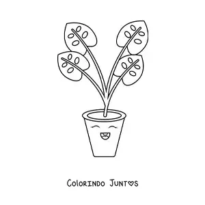 Desenho para colorir de planta com folhas grandes em um vaso kawaii fofa animada
