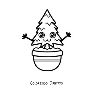 Desenho para colorir de pinheiro kawaii fofo animado em um vaso fácil