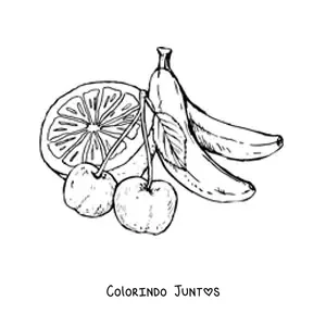 Desenho para colorir de duas cerejas com uma laranja e bananas atrás