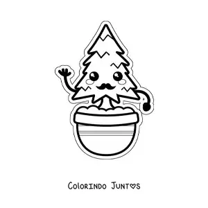 Desenho para colorir de pinheiro kawaii animado com bigode em um vaso