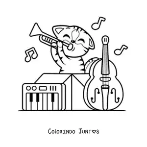 Desenho para colorir de gato kawaii animado tocando instrumentos musicais