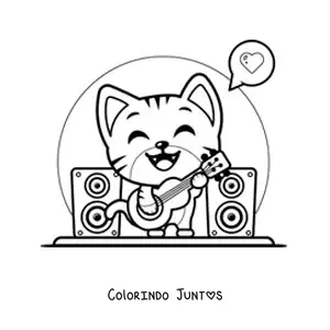 Desenho para colorir de gato kawaii tocando violão em um show