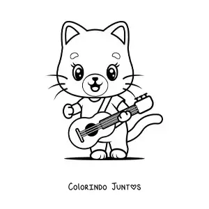 Desenho para colorir de gato animado kawaii tocando violão
