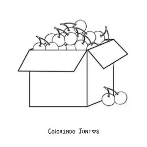 Desenho para colorir de uma caixa cheia de cerejas e duas cerejas do lado de fora