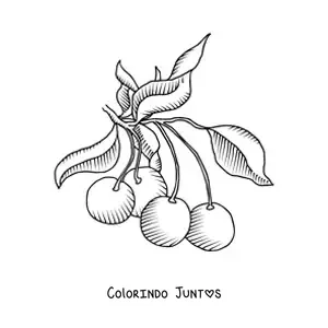 Desenho para colorir de um galho de cerejeira com várias cerejas