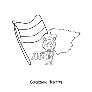 Desenho para colorir de bandeira da Espanha sem brasão com toureiro kawaii e mapa