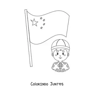 Desenho para colorir de bandeira da China com homem chinês kawaii