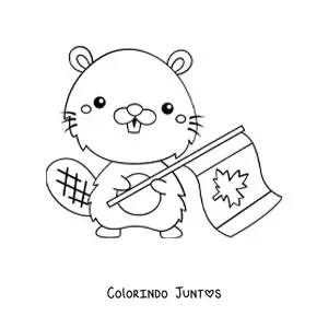 Desenho para colorir de castor kawaii com a bandeira do Canadá