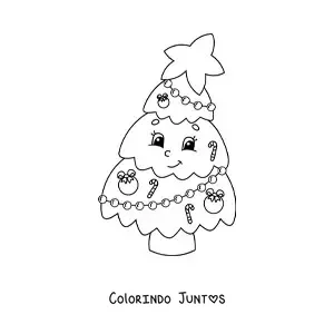Desenho para colorir de árvore de Natal kawaii animada com bengalas doces