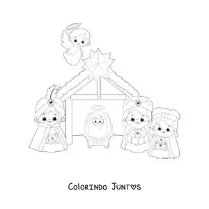 Desenho para colorir de reis magos kawaii com o menino Jesus
