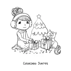 Desenho para colorir de menina com gato kawaii abrindo presentes no Natal