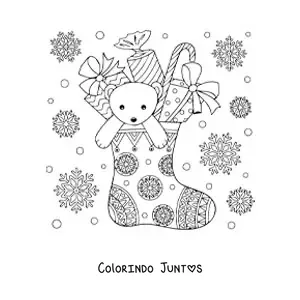 Desenho para colorir de bota de Natal com presentes e urso de pelúcia