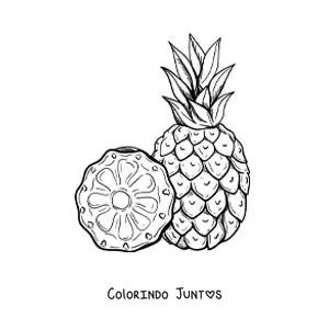 Desenho para colorir de um abacaxi e uma fatia ao lado
