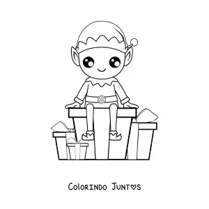 Desenho para colorir de elfo de Natal com presentes