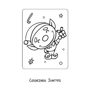 Desenho para colorir de elfo de Natal animado com presente