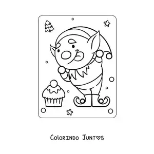 Desenho para colorir de elfo de Natal animado com um doce