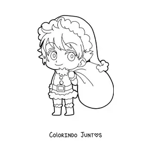 Desenho para colorir de menino kawaii com roupa de Natal e saco de presentes estilo anime