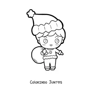 Desenho para colorir de menino kawaii com gorro de Natal e saco de presentes